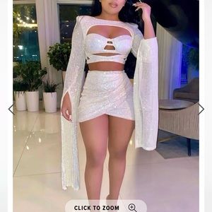 2 piece sequin skirt set, white
